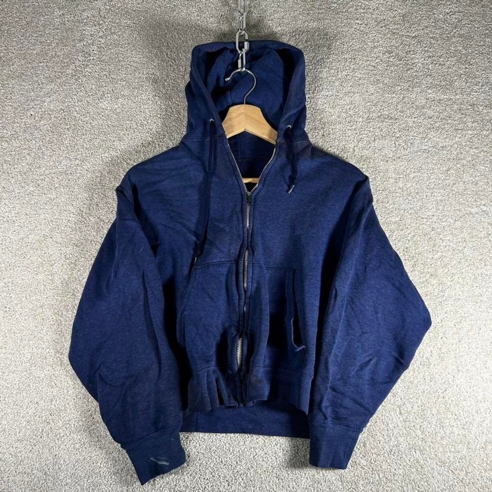 True vintage 70s youth size navy blue rayon cotton blend zip up hoodie